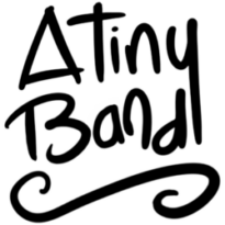 "A Tiny Band' with a swish in Marla font, on a clear background.